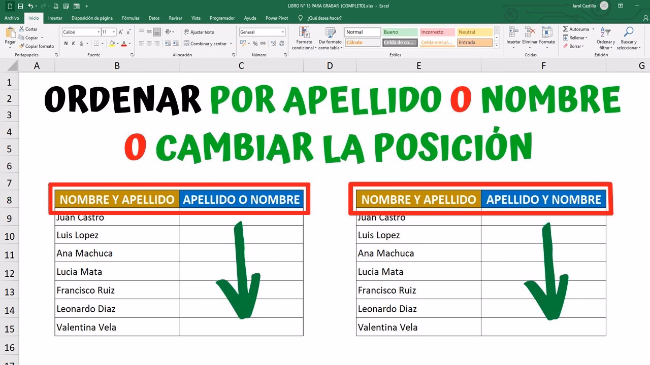 ¿Cómo obtener nombre y apellido en Excel?