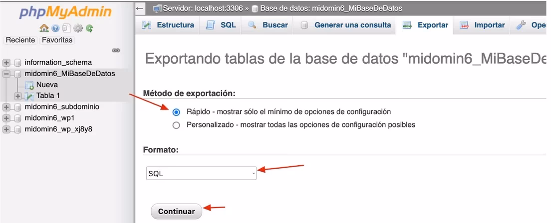 ¿Cómo puedo exportar mi base de datos de phpMyAdmin?